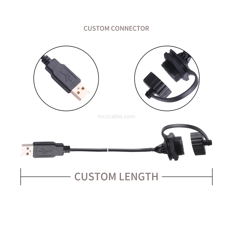 USB 2.0はUSB 2.0 A usbへの盾そして帽子が付いているメス コネクタあつらえをケーブルで通信する