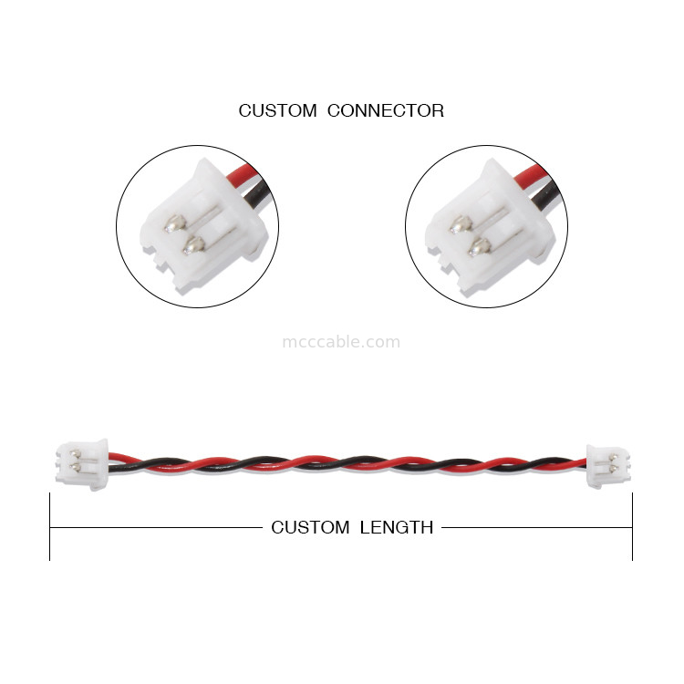JSTワイヤー馬具XHP-2のコネクター ケーブル22AWG UL1007黒く赤い2Pはケーブルをつけた